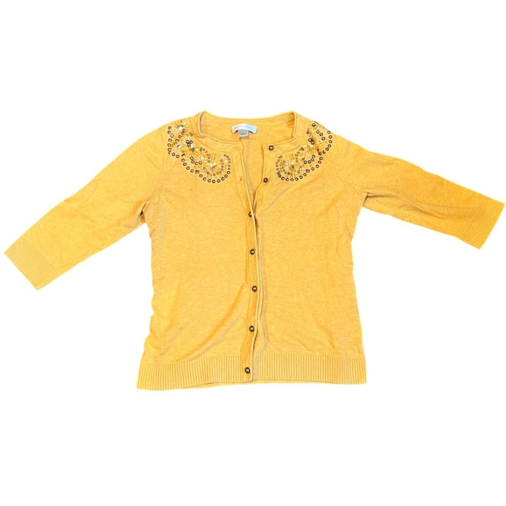 Christopher & Banks Mustard Yellow Beaded Cotton Cardigan Size M 3/4 Sleeve